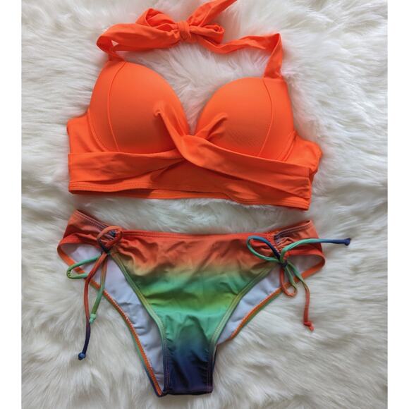 Shein Neon Orange Molded Cup Halter Bikini Sunset Ombre sz Small New - Picture 9 of 9